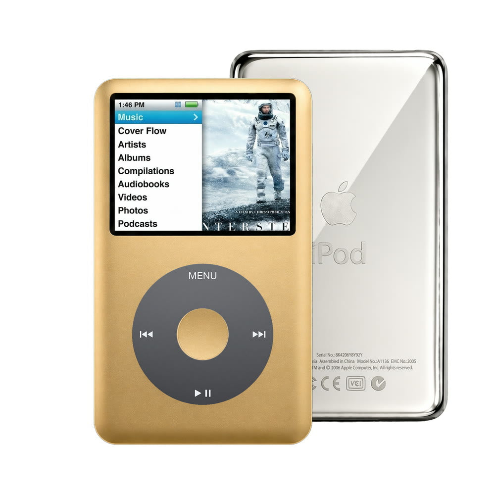 Gold refurbished iPod Classic 7th Gen with Black click wheel and Silver back plate
