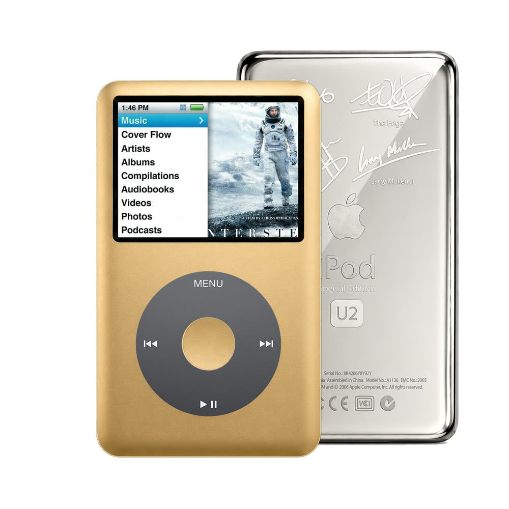 Gold refurbished iPod Classic 7th Gen with Black click wheel and Silver U2 back plate