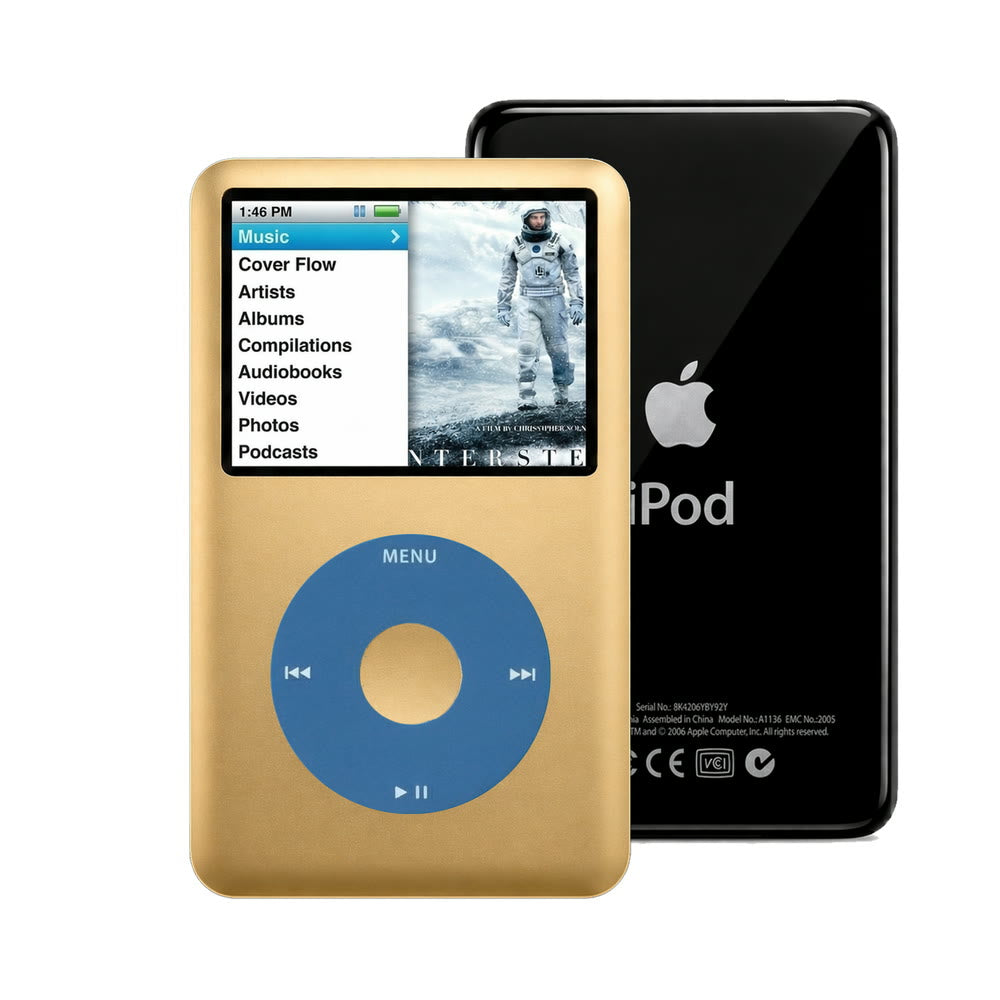 Gold refurbished iPod Classic 7th Gen with Blue click wheel and Black back plate