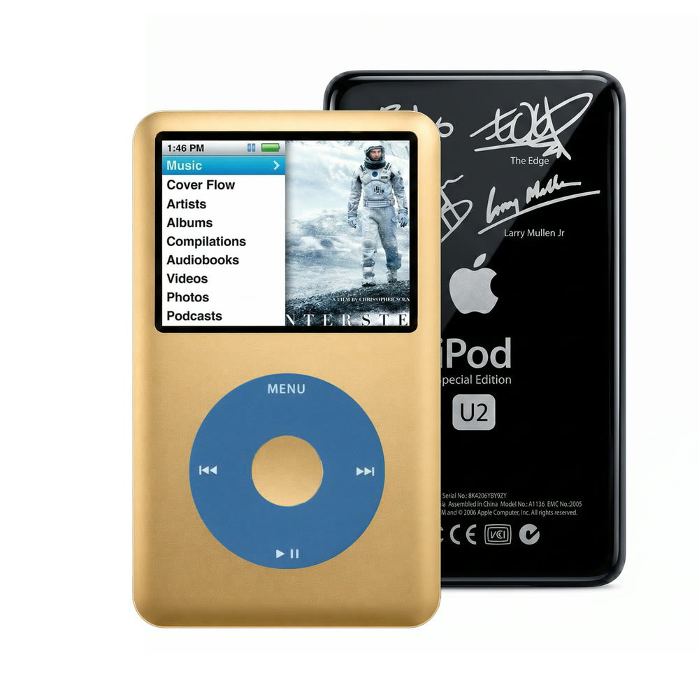 Gold refurbished iPod Classic 7th Gen with Blue click wheel and Black U2 back plate