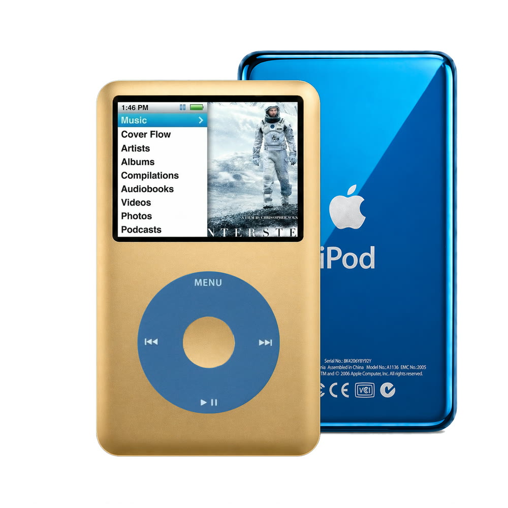 Gold refurbished iPod Classic 7th Gen with Blue click wheel and Blue back plate