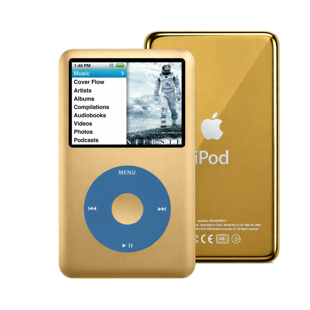 Gold refurbished iPod Classic 7th Gen with Blue click wheel and Gold back plate