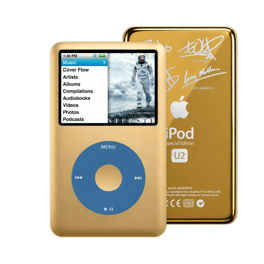Gold refurbished iPod Classic 7th Gen with Blue click wheel and Gold U2 back plate