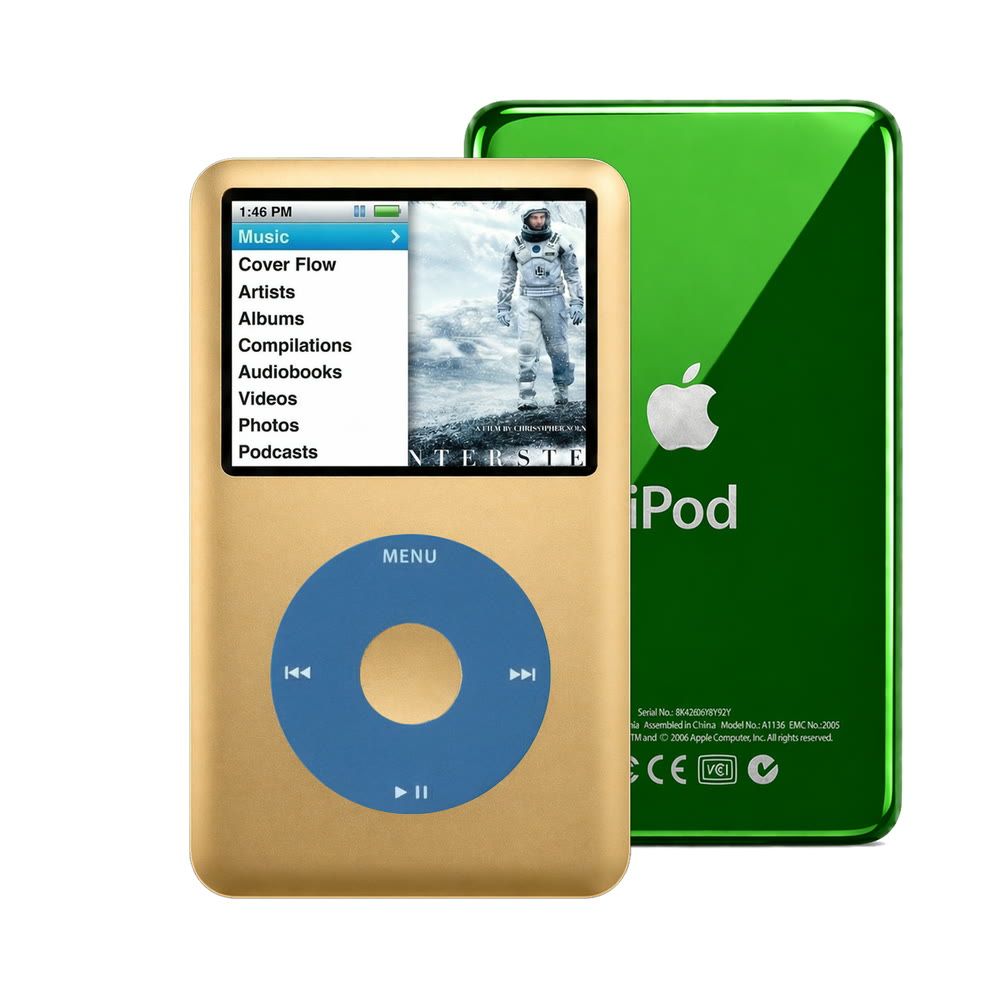 Gold refurbished iPod Classic 7th Gen with Blue click wheel and Green back plate