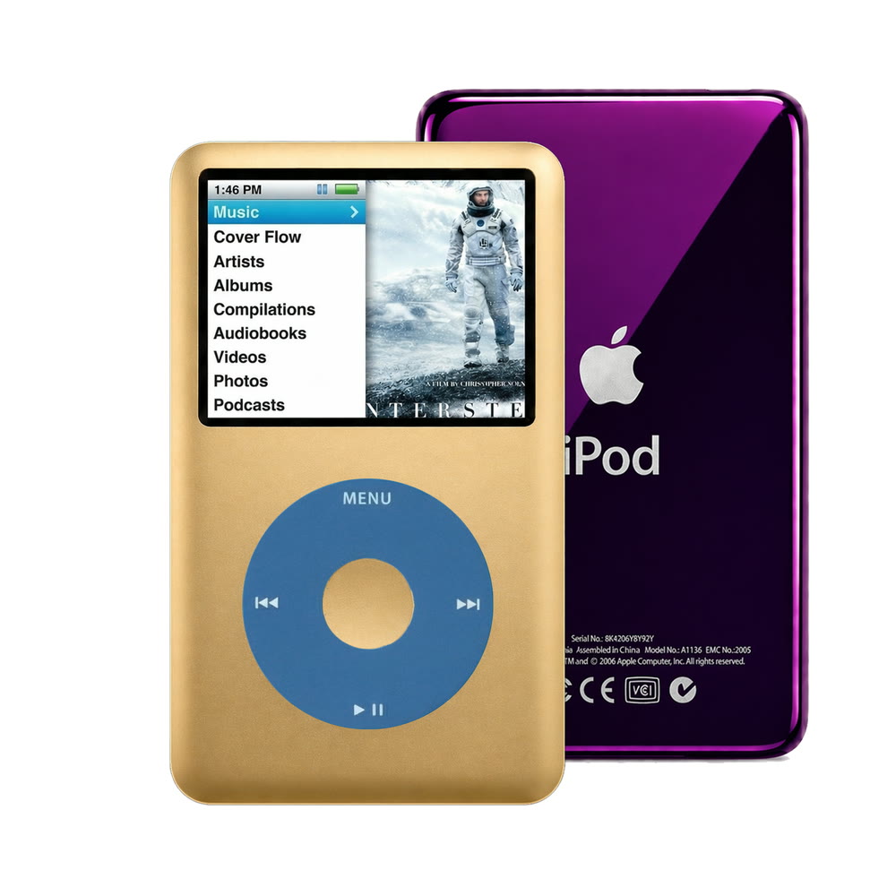 Gold refurbished iPod Classic 7th Gen with Blue click wheel and Purple back plate