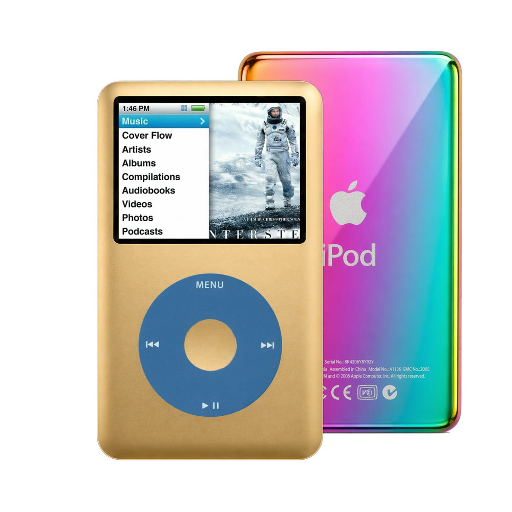 Gold refurbished iPod Classic 7th Gen with Blue click wheel and Rainbow back plate