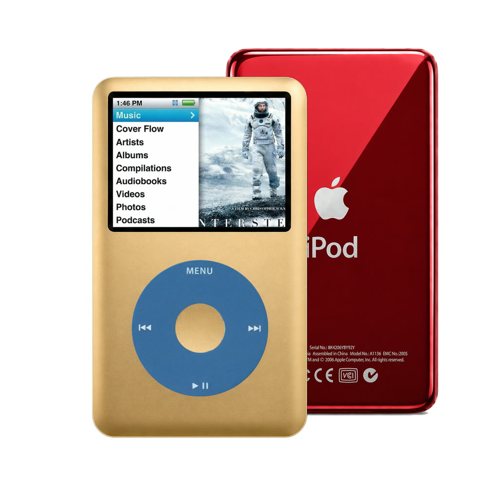 Gold refurbished iPod Classic 7th Gen with Blue click wheel and Red back plate