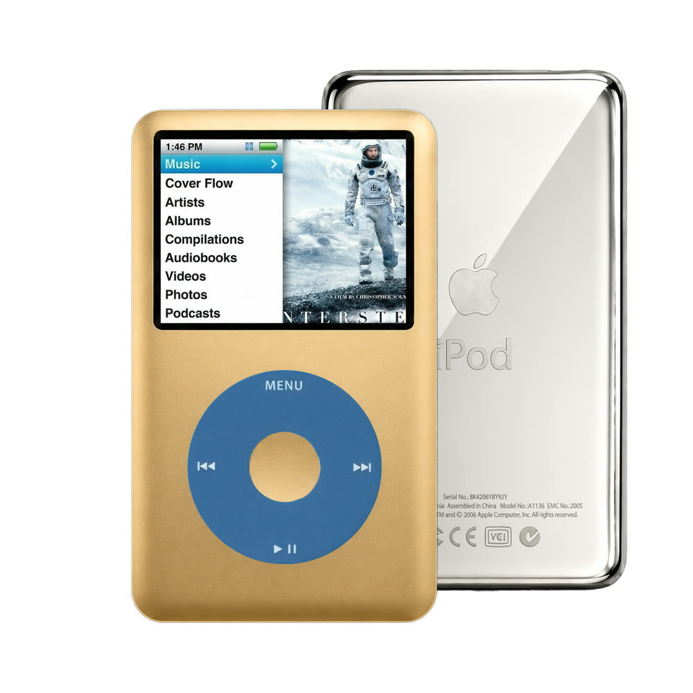 Gold refurbished iPod Classic 7th Gen with Blue click wheel and Silver back plate