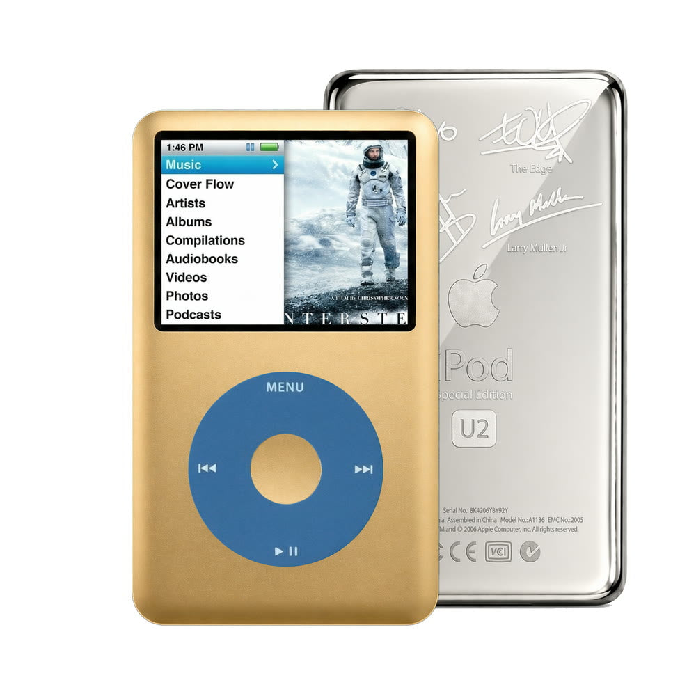 Gold refurbished iPod Classic 7th Gen with Blue click wheel and Silver U2 back plate