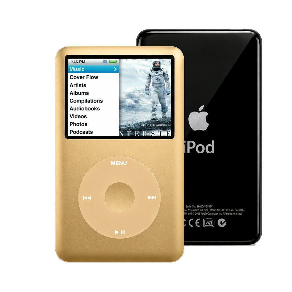 Gold refurbished iPod Classic 7th Gen with Gold click wheel and Black back plate