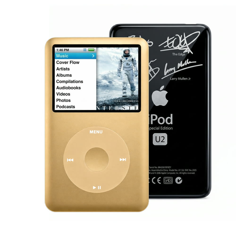 Gold refurbished iPod Classic 7th Gen with Gold click wheel and Black U2 back plate