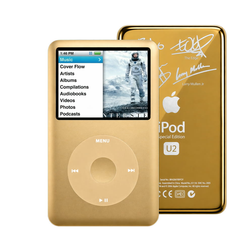 Gold refurbished iPod Classic 7th Gen with Gold click wheel and Gold U2 back plate