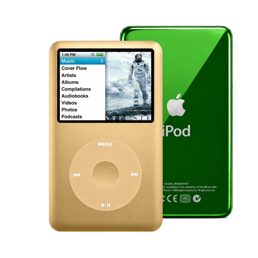 Gold refurbished iPod Classic 7th Gen with Gold click wheel and Green back plate