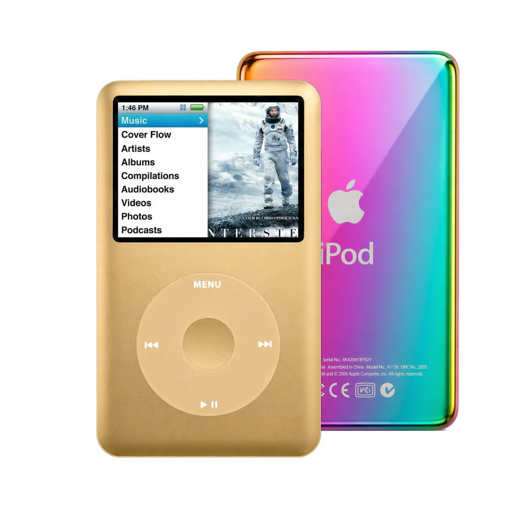 Gold refurbished iPod Classic 7th Gen with Gold click wheel and Rainbow back plate