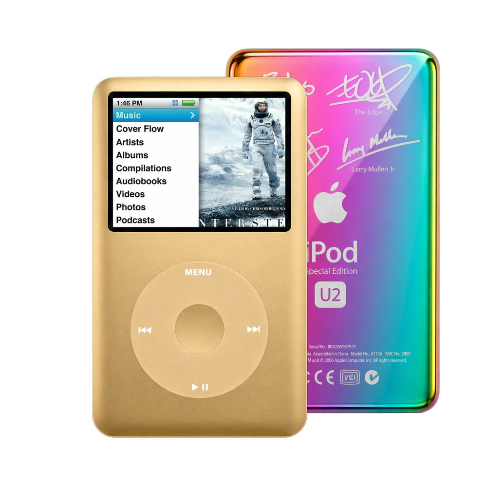 Gold refurbished iPod Classic 7th Gen with Gold click wheel and Rainbow U2 back plate