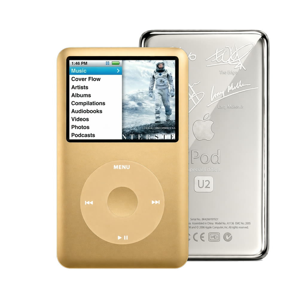 Gold refurbished iPod Classic 7th Gen with Gold click wheel and Silver U2 back plate