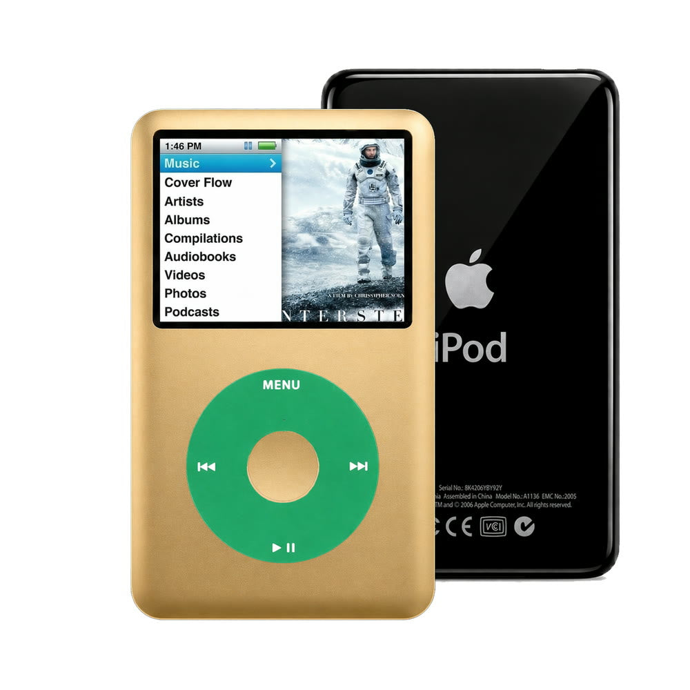 Gold refurbished iPod Classic 7th Gen with Green click wheel and Black back plate
