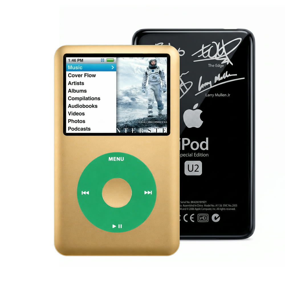 Gold refurbished iPod Classic 7th Gen with Green click wheel and Black U2 back plate