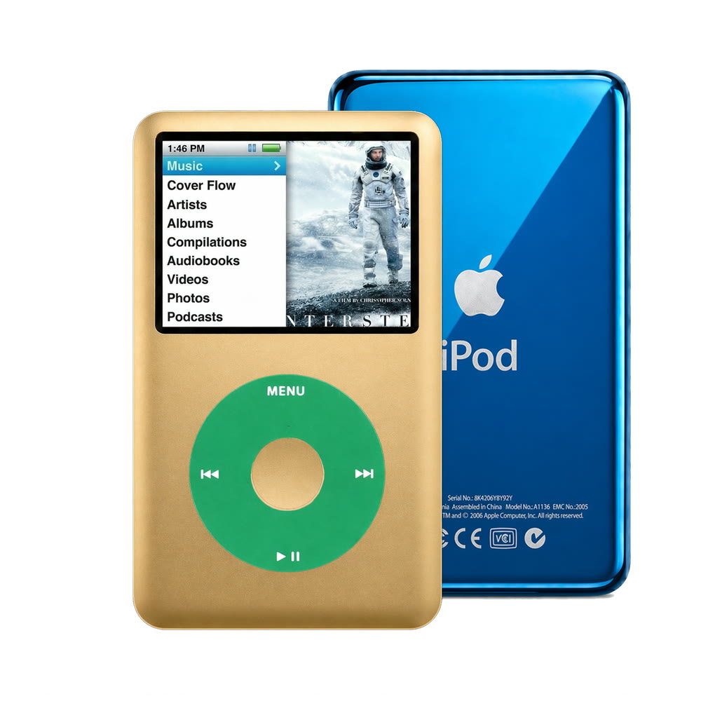 Gold refurbished iPod Classic 7th Gen with Green click wheel and Blue back plate
