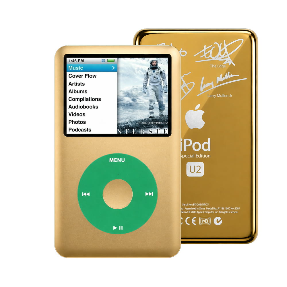 Gold refurbished iPod Classic 7th Gen with Green click wheel and Gold U2 back plate