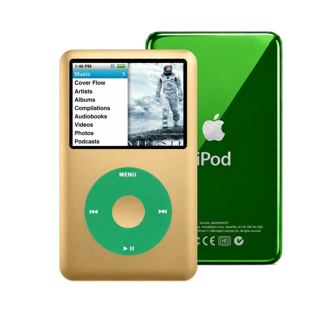 Gold refurbished iPod Classic 7th Gen with Green click wheel and Green back plate