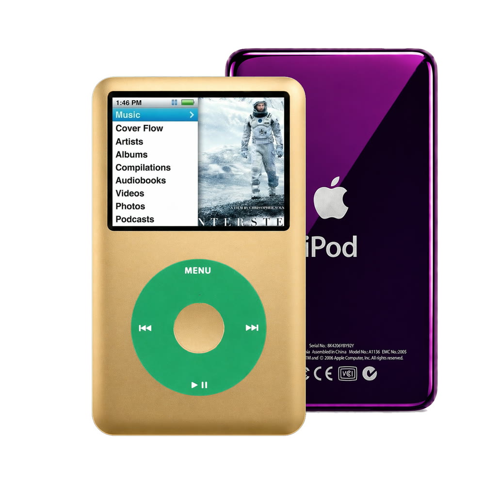 Gold refurbished iPod Classic 7th Gen with Green click wheel and Purple back plate