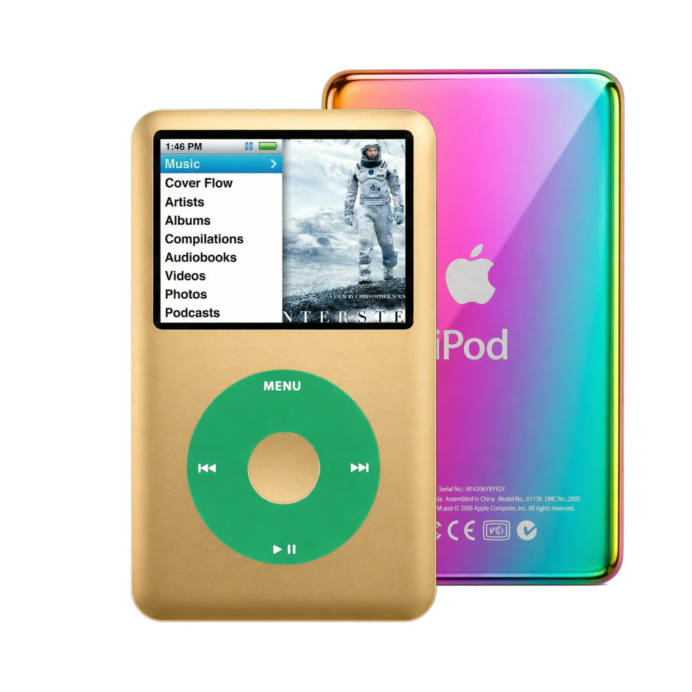 Gold refurbished iPod Classic 7th Gen with Green click wheel and Rainbow back plate