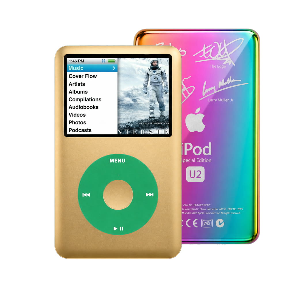 Gold refurbished iPod Classic 7th Gen with Green click wheel and Rainbow U2 back plate