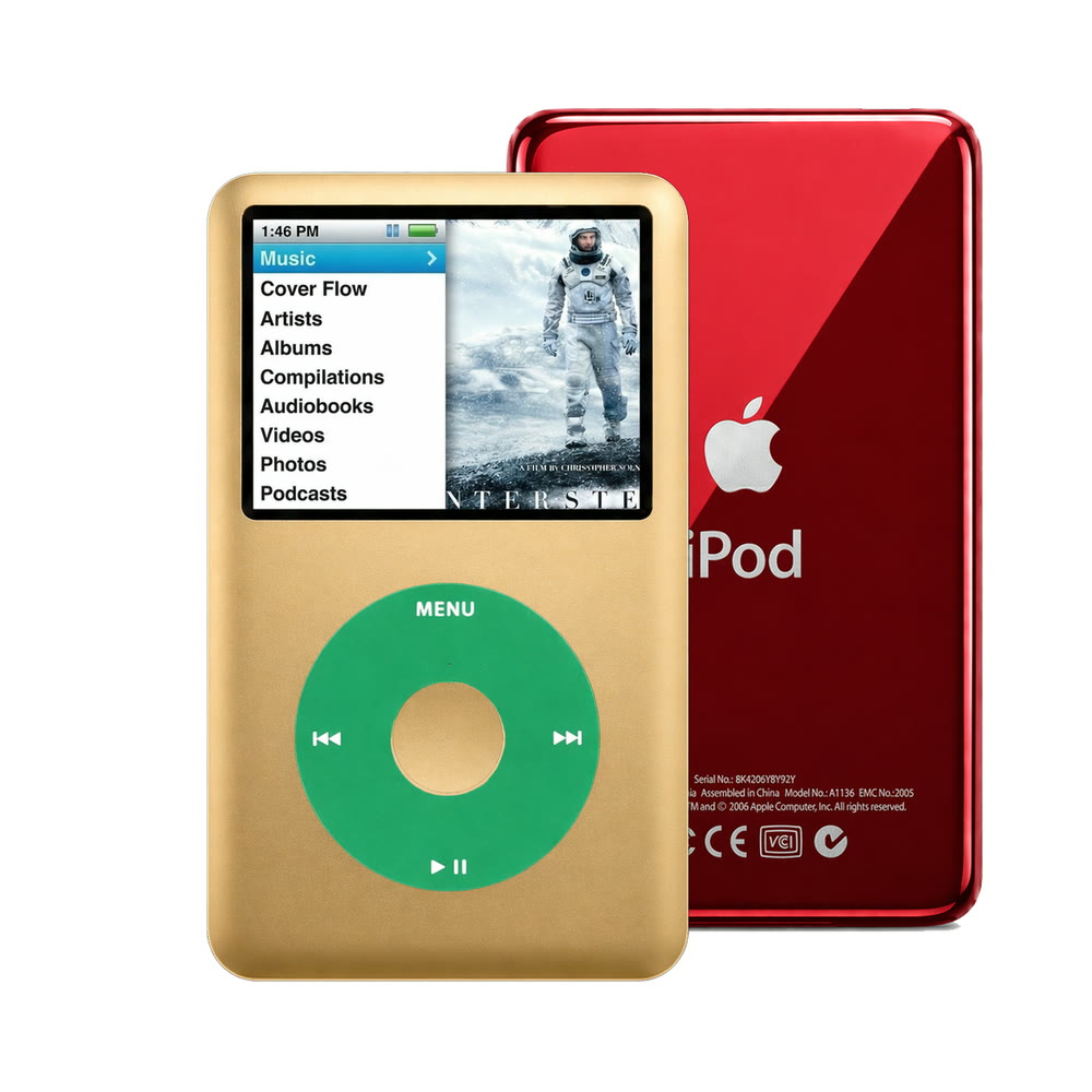 Gold refurbished iPod Classic 7th Gen with Green click wheel and Red back plate