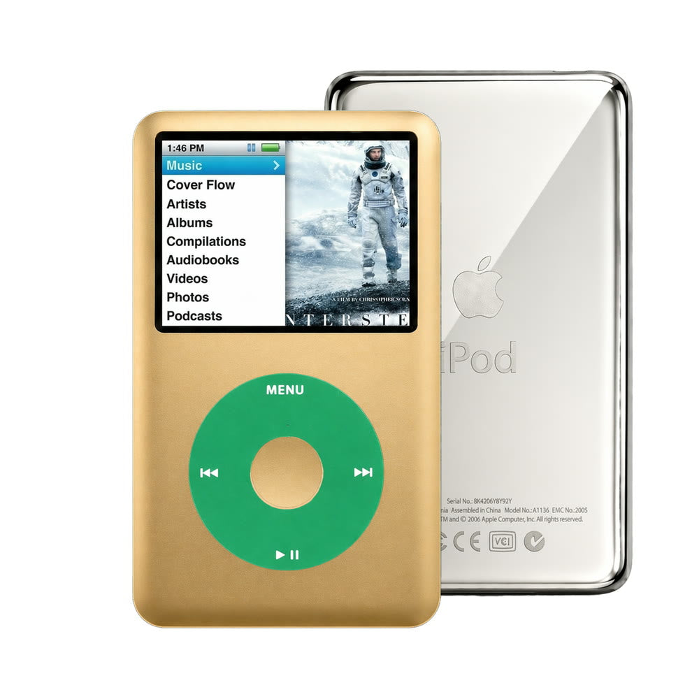 Gold refurbished iPod Classic 7th Gen with Green click wheel and Silver back plate