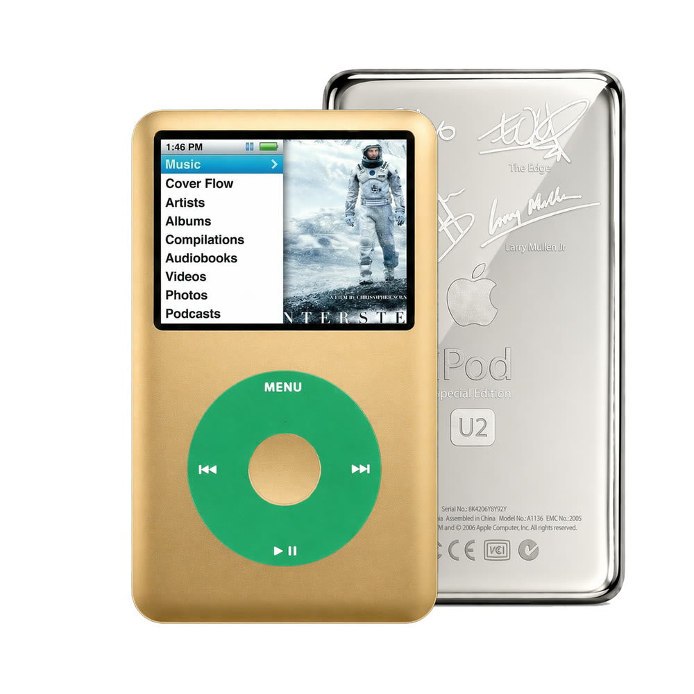Gold refurbished iPod Classic 7th Gen with Green click wheel and Silver U2 back plate