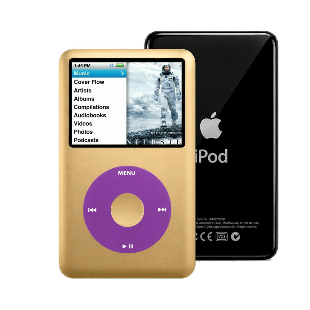 Gold refurbished iPod Classic 7th Gen with Purple click wheel and Black back plate