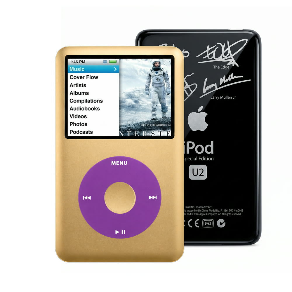 Gold refurbished iPod Classic 7th Gen with Purple click wheel and Black U2 back plate