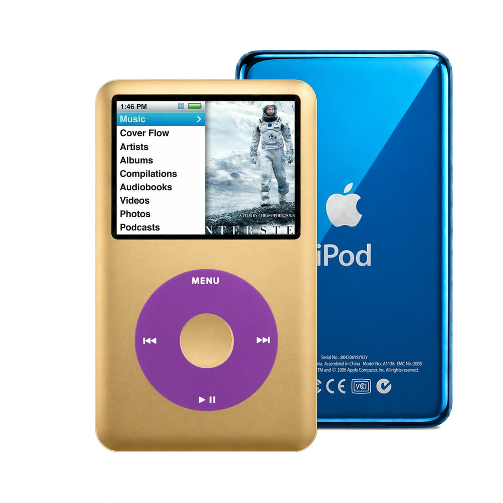 Gold refurbished iPod Classic 7th Gen with Purple click wheel and Blue back plate