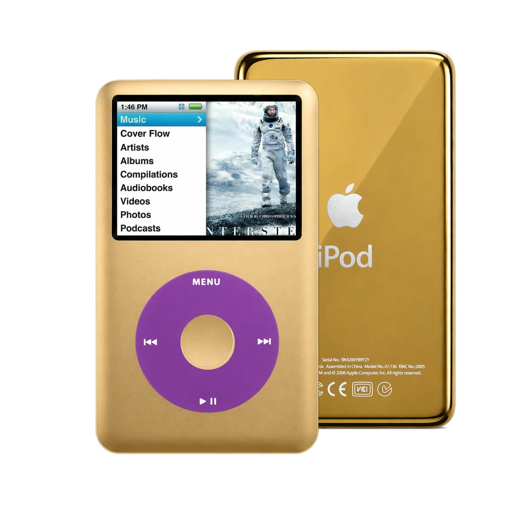 Gold refurbished iPod Classic 7th Gen with Purple click wheel and Gold back plate