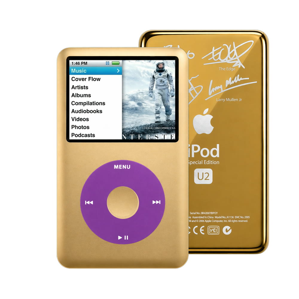 Gold refurbished iPod Classic 7th Gen with Purple click wheel and Gold U2 back plate