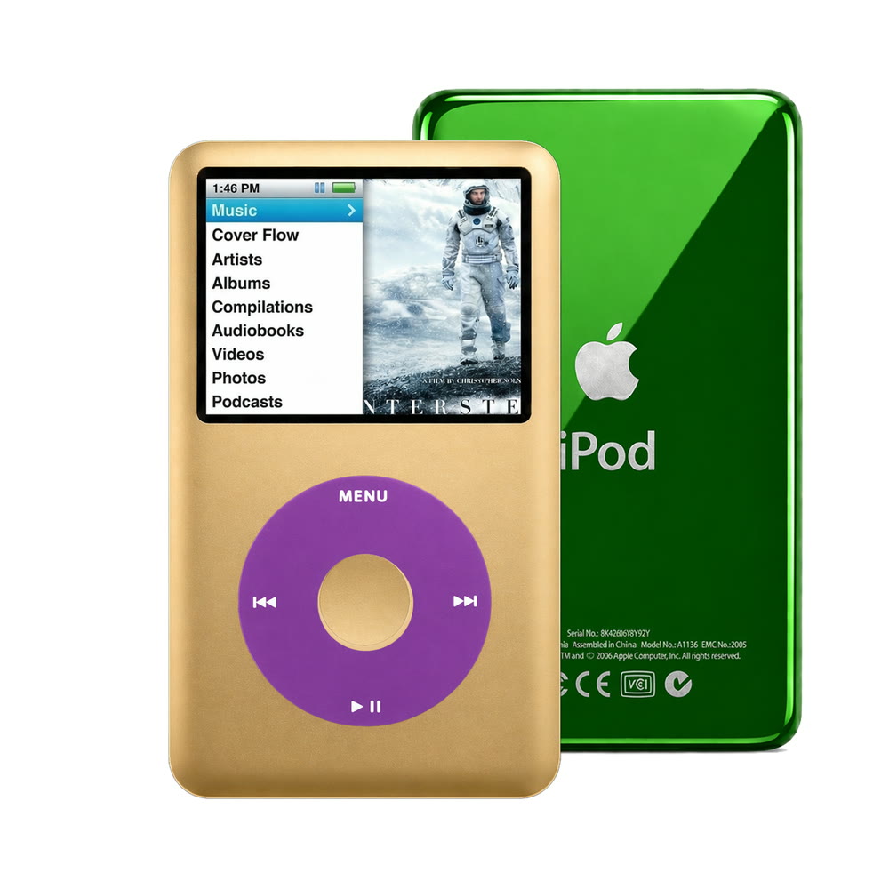 Gold refurbished iPod Classic 7th Gen with Purple click wheel and Green back plate