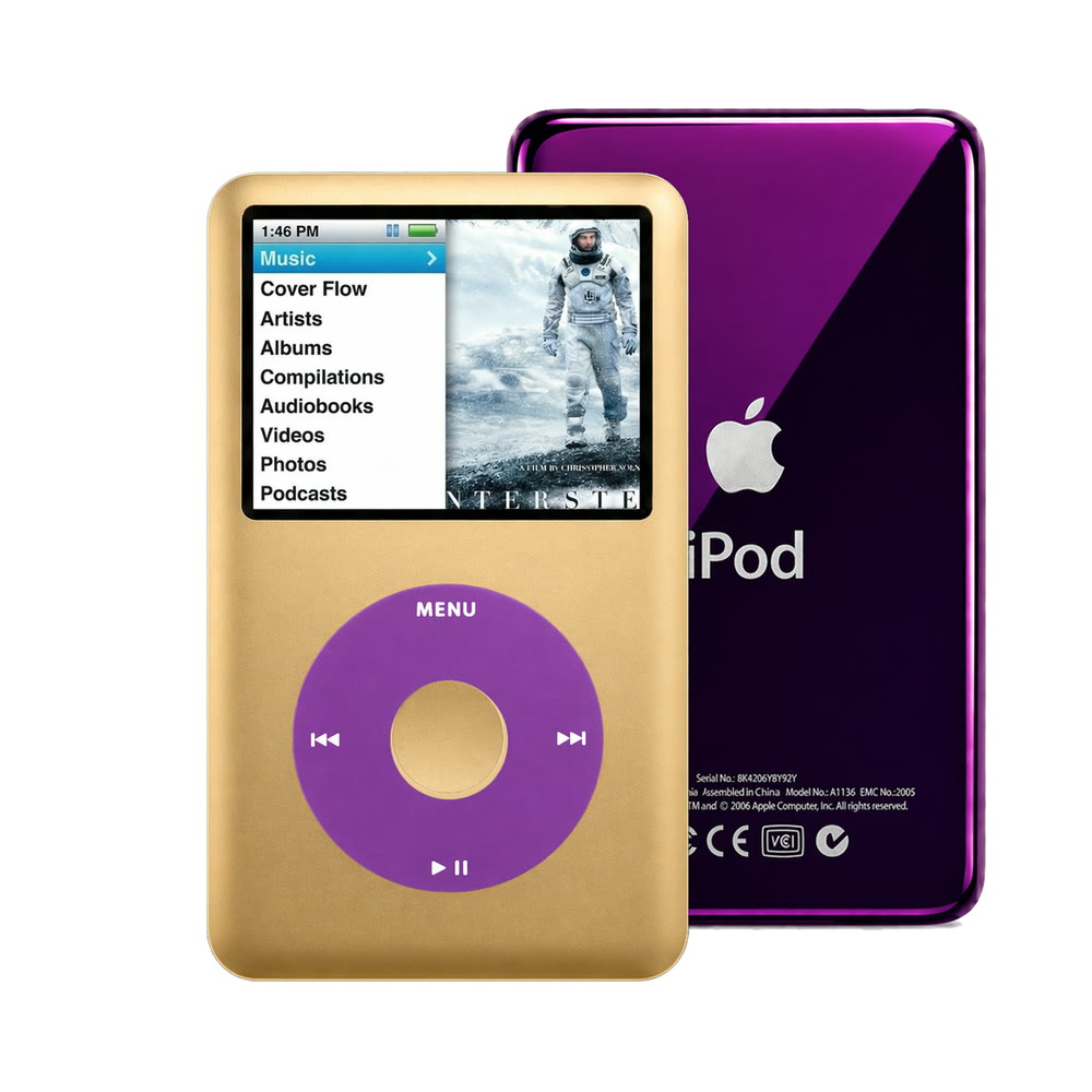 Gold refurbished iPod Classic 7th Gen with Purple click wheel and Purple back plate