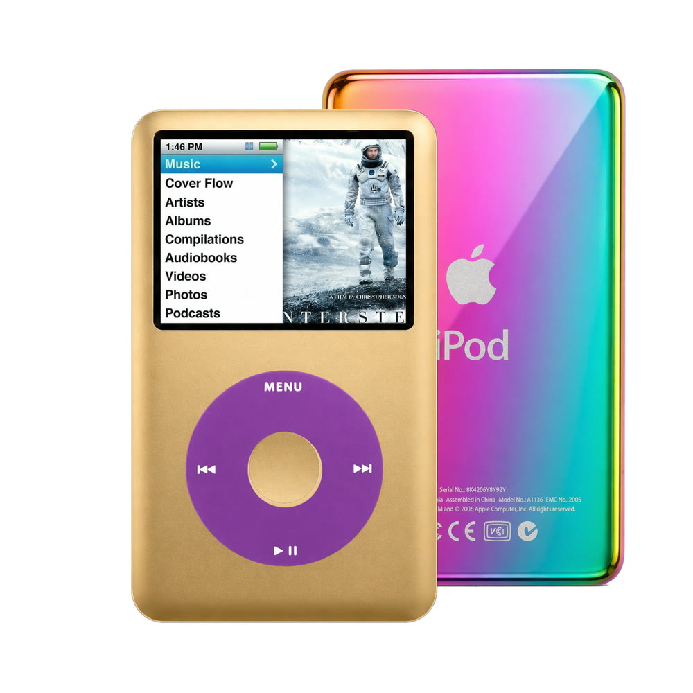 Gold refurbished iPod Classic 7th Gen with Purple click wheel and Rainbow back plate