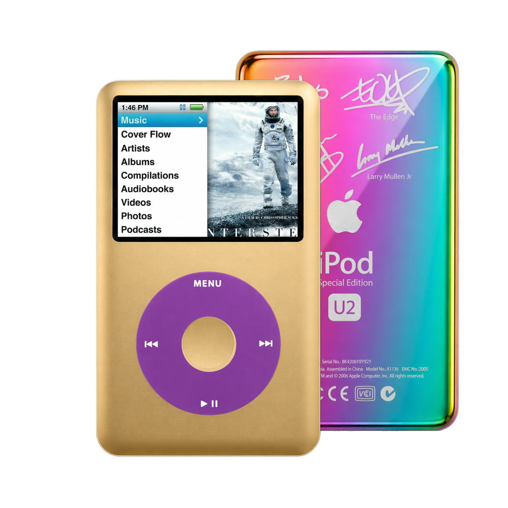 Gold refurbished iPod Classic 7th Gen with Purple click wheel and Rainbow U2 back plate