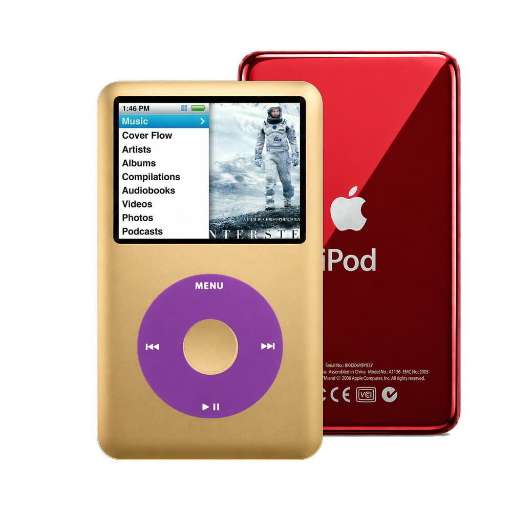 Gold refurbished iPod Classic 7th Gen with Purple click wheel and Red back plate