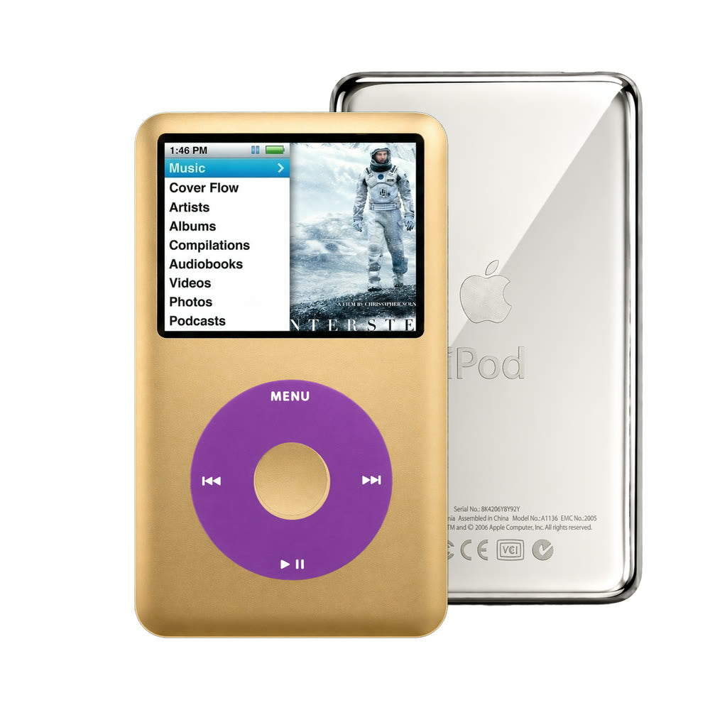 Gold refurbished iPod Classic 7th Gen with Purple click wheel and Silver back plate