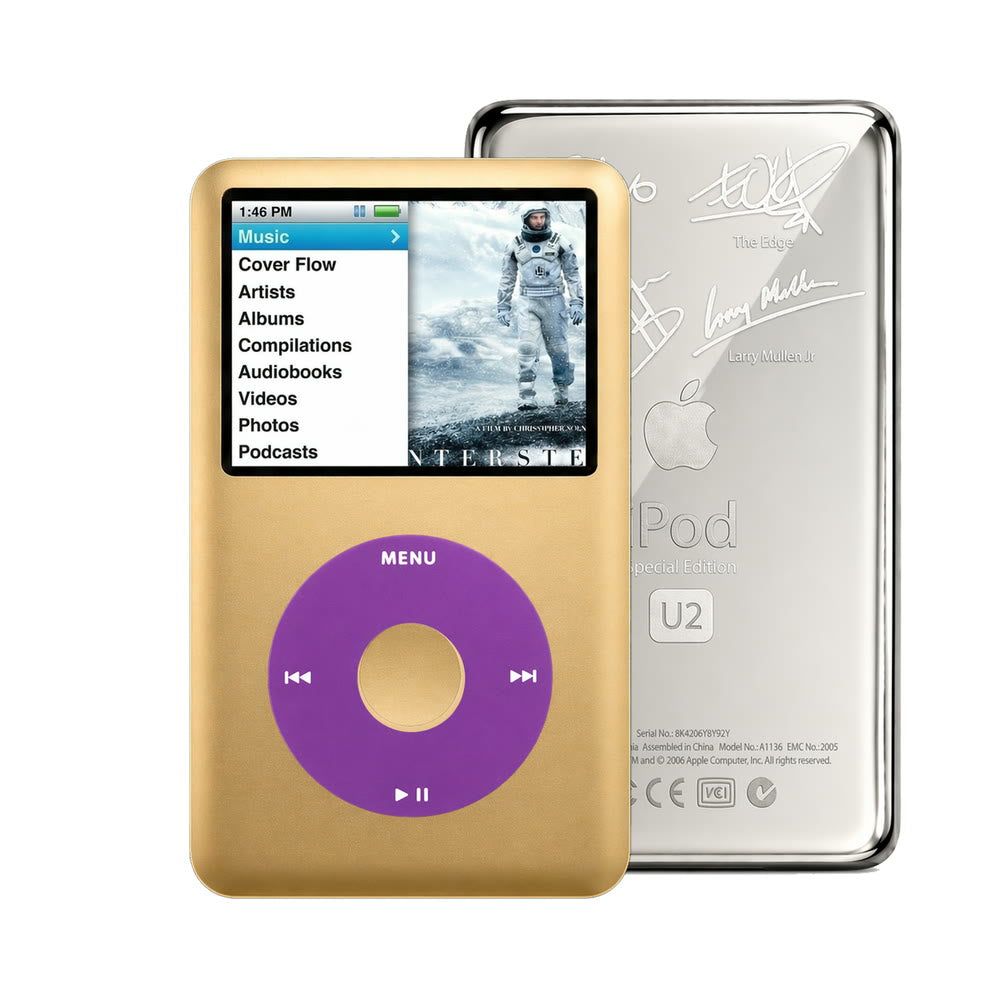 Gold refurbished iPod Classic 7th Gen with Purple click wheel and Silver U2 back plate