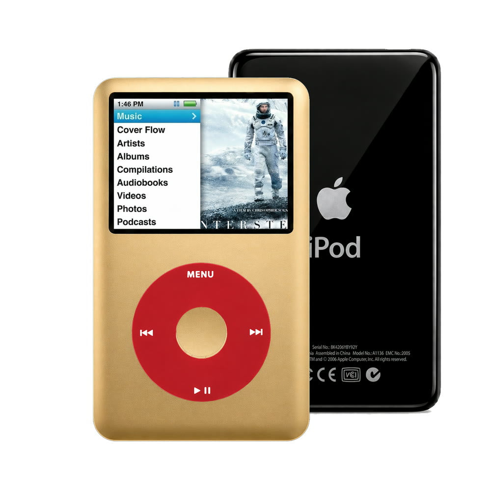 Gold refurbished iPod Classic 7th Gen with Red click wheel and Black back plate