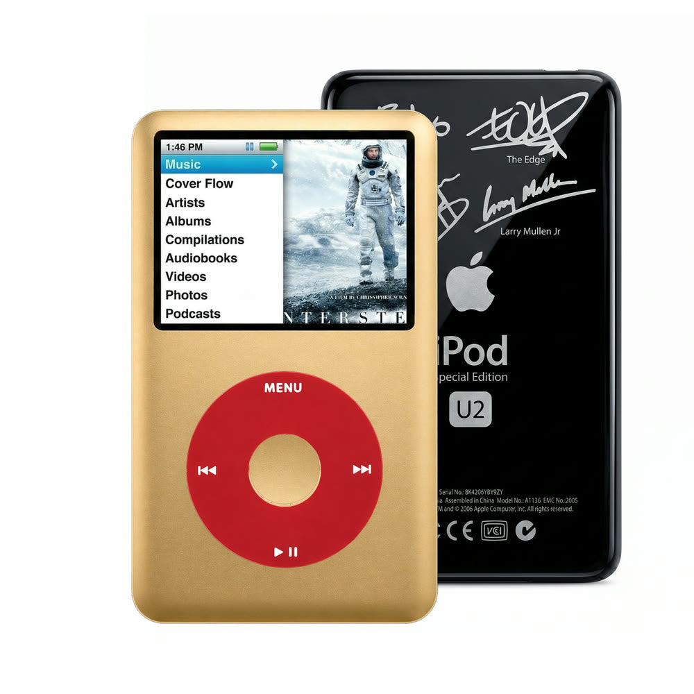 Gold refurbished iPod Classic 7th Gen with Red click wheel and Black U2 back plate