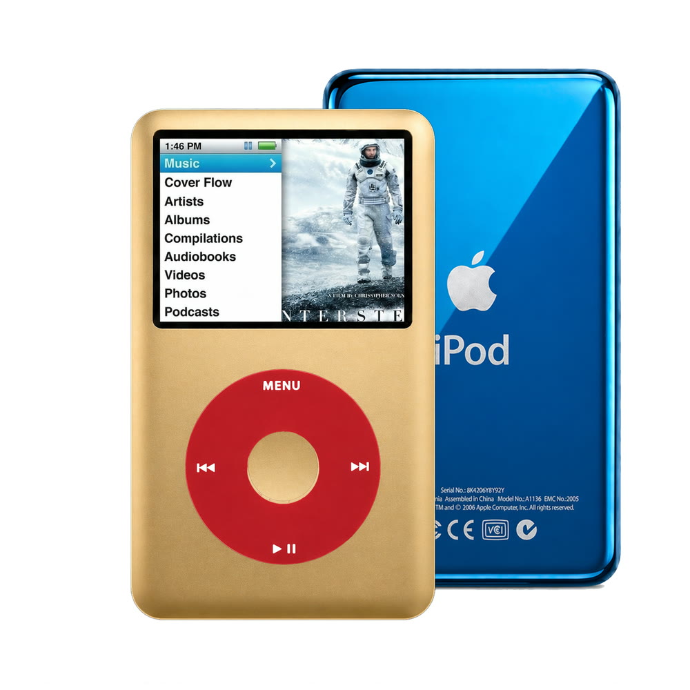 Gold refurbished iPod Classic 7th Gen with Red click wheel and Blue back plate