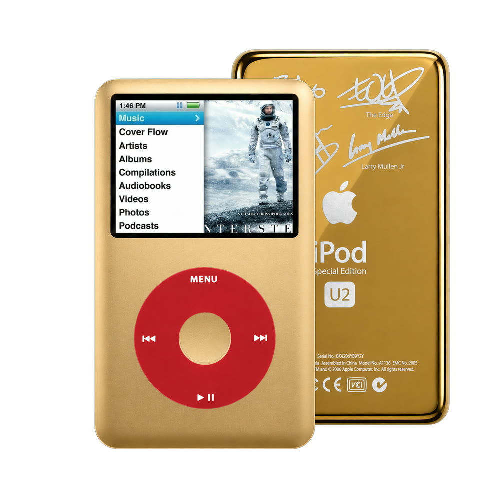 Gold refurbished iPod Classic 7th Gen with Red click wheel and Gold U2 back plate