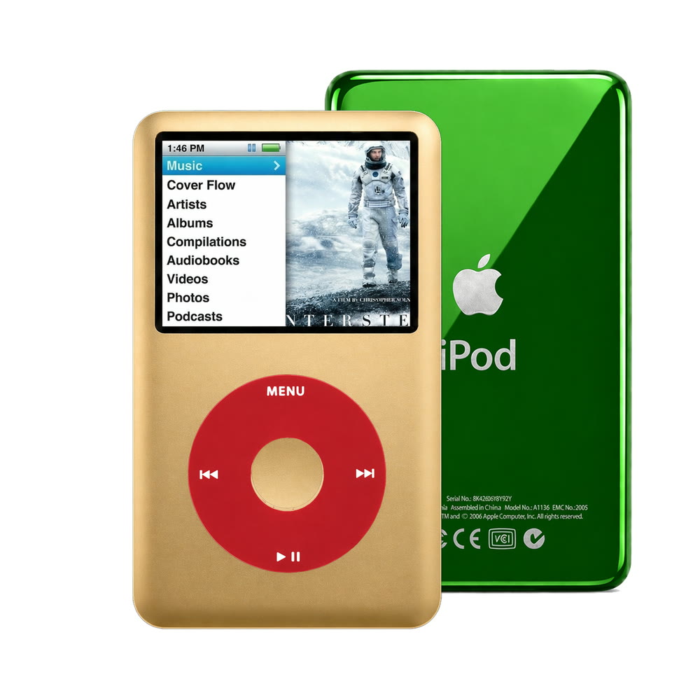 Gold refurbished iPod Classic 7th Gen with Red click wheel and Green back plate
