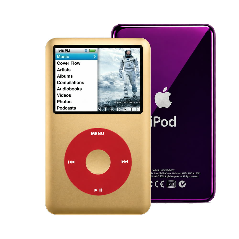 Gold refurbished iPod Classic 7th Gen with Red click wheel and Purple back plate