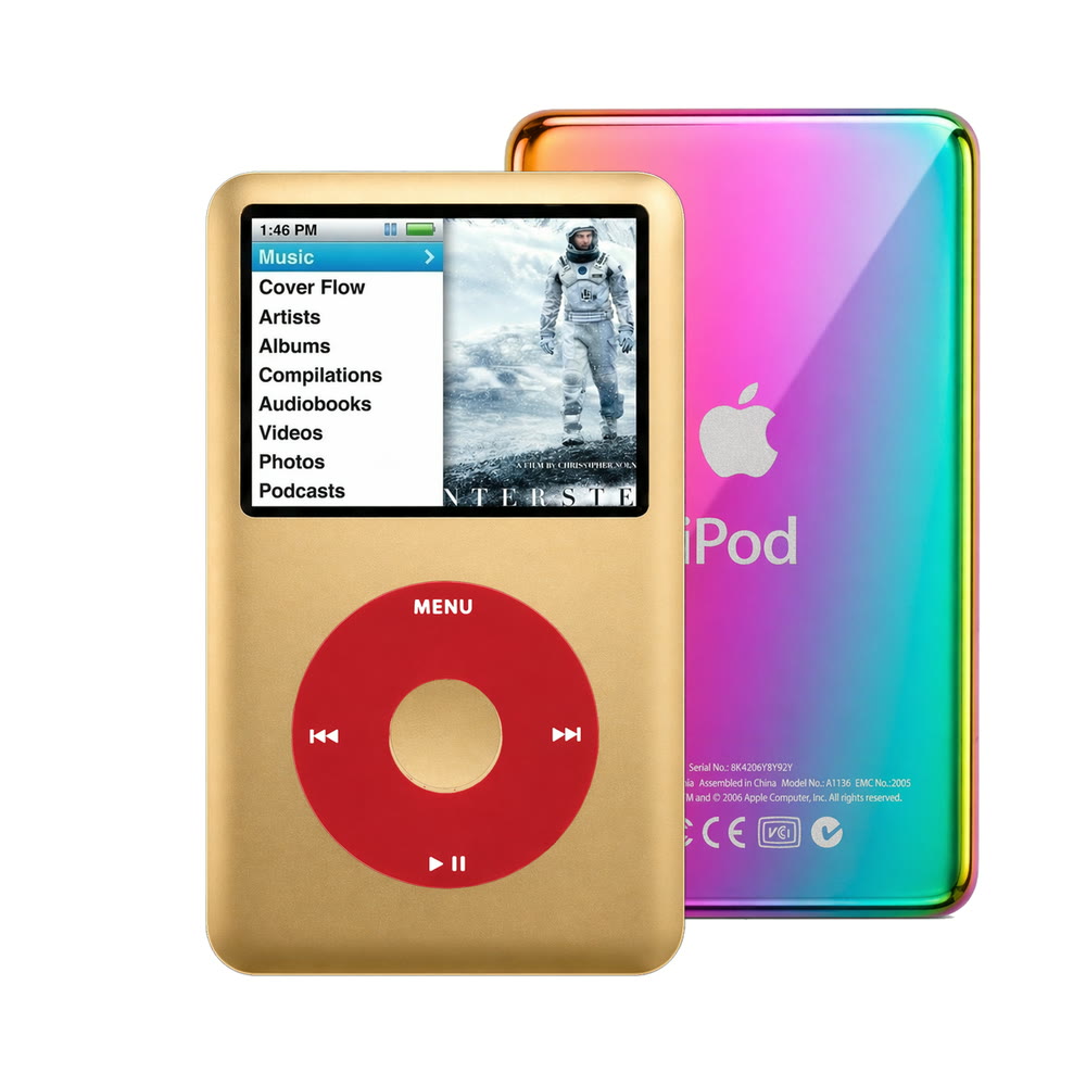 Gold refurbished iPod Classic 7th Gen with Red click wheel and Rainbow back plate